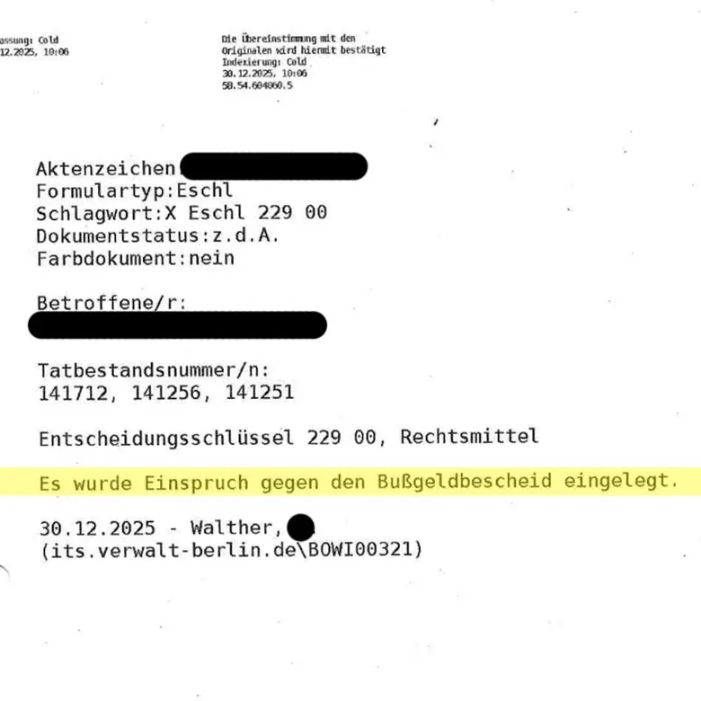 Bußgeldbescheid rechtskräftig